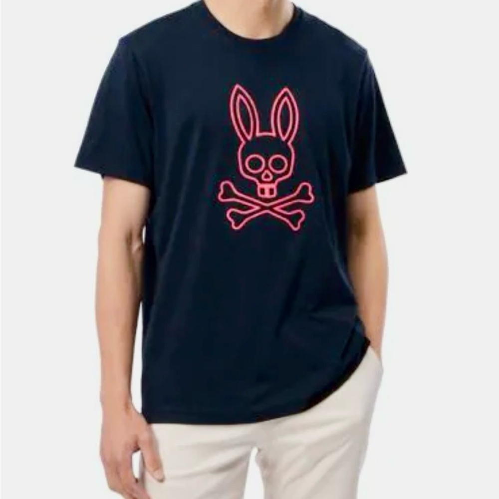 Psycho Bunny Navy Blue Tee with Pink Logo
